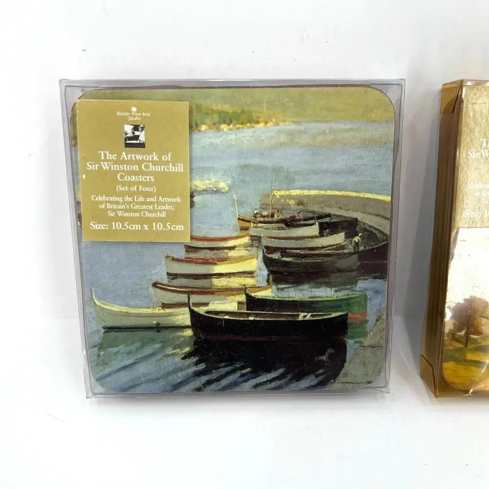 2 Sir Winston Churchill painting coasters set  by Border Fine Arts Studio UK.